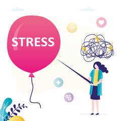 Businesswoman pierces balloon with needle with inscription stress. Confused girl suffering from anxiety disorder. Mental health. Help of psychotherapist. Overworked woman in depression.