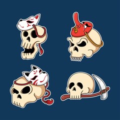Cute skull head with japanese mask set illustration