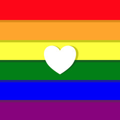 Vector Illustration. The white heart is in the middle of the striped rainbow background. The symbol of LGBTQ Pride month