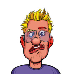 Caricature humor illustration of imaginary cartoon person with funny facial expression isolated on white background