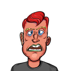 Caricature humor illustration of imaginary cartoon person with funny facial expression isolated on white background