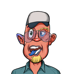 Caricature humor illustration of imaginary cartoon person with funny facial expression isolated on white background