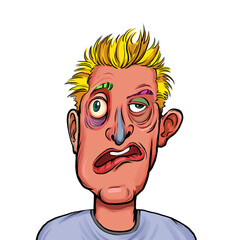 Caricature humor illustration of imaginary cartoon person with funny facial expression isolated on white background