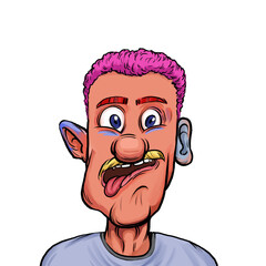 Caricature humor illustration of imaginary cartoon person with funny facial expression isolated on white background