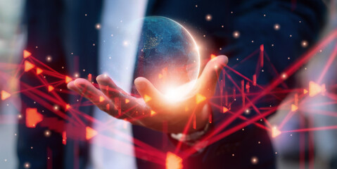 Concept futuristic innovation,technology,internet of Things network, businessman holding earth holographic interface activated, global communication digital network, banner header,panoramic