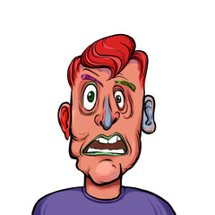 Caricature humor illustration of imaginary cartoon person with funny facial expression isolated on white background