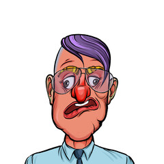 Caricature humor illustration of imaginary cartoon person with funny facial expression isolated on white background