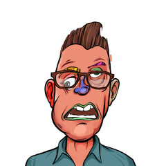 Caricature humor illustration of imaginary cartoon person with funny facial expression isolated on white background