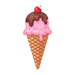 Sweet ice-cream with chocolate and cherry, sprinkling in a waffle cone. Food summer illustration on a white isolated background. Suit for menu design, sticker.