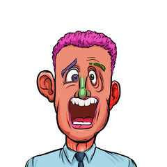 Caricature humor illustration of imaginary cartoon person with funny facial expression isolated on white background