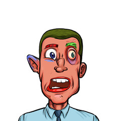 Caricature humor illustration of imaginary cartoon person with funny facial expression isolated on white background