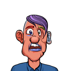 Caricature humor illustration of imaginary cartoon person with funny facial expression isolated on white background