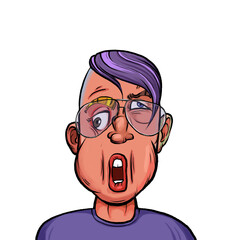 Caricature humor illustration of imaginary cartoon person with funny facial expression isolated on white background