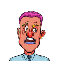 Caricature humor illustration of imaginary cartoon person with funny facial expression isolated on white background