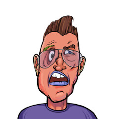 Caricature humor illustration of imaginary cartoon person with funny facial expression isolated on white background