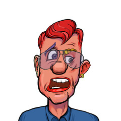 Caricature humor illustration of imaginary cartoon person with funny facial expression isolated on white background