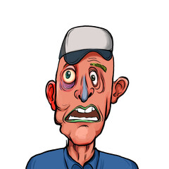 Caricature humor illustration of imaginary cartoon person with funny facial expression isolated on white background