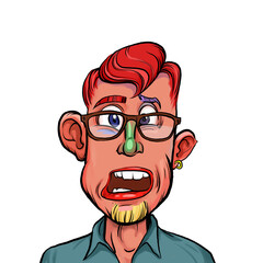 Caricature humor illustration of imaginary cartoon person with funny facial expression isolated on white background