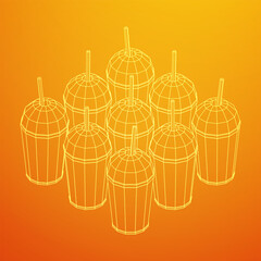 Paper cup with straw. Drink Fast food. Wireframe vector illustration