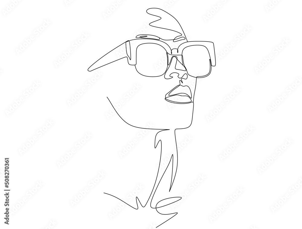 Wall mural Woman face with sunglasses one line drawing on white isolated background