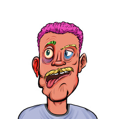 Caricature humor illustration of imaginary cartoon person with funny facial expression isolated on white background