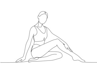 One line drawing of an athletic woman posing while sitting on the ground on white isolated background. Vector illustration