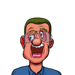 Caricature humor illustration of imaginary cartoon person with funny facial expression isolated on white background