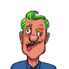 Caricature humor illustration of imaginary cartoon person with funny facial expression isolated on white background