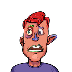 Caricature humor illustration of imaginary cartoon person with funny facial expression isolated on white background