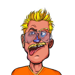 Caricature humor illustration of imaginary cartoon person with funny facial expression isolated on white background