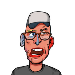 Caricature humor illustration of imaginary cartoon person with funny facial expression isolated on white background