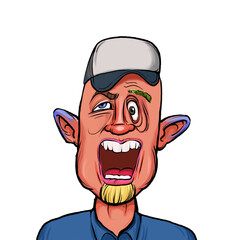 Caricature humor illustration of imaginary cartoon person with funny facial expression isolated on white background