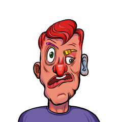 Caricature humor illustration of imaginary cartoon person with funny facial expression isolated on white background