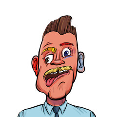 Caricature humor illustration of imaginary cartoon person with funny facial expression isolated on white background