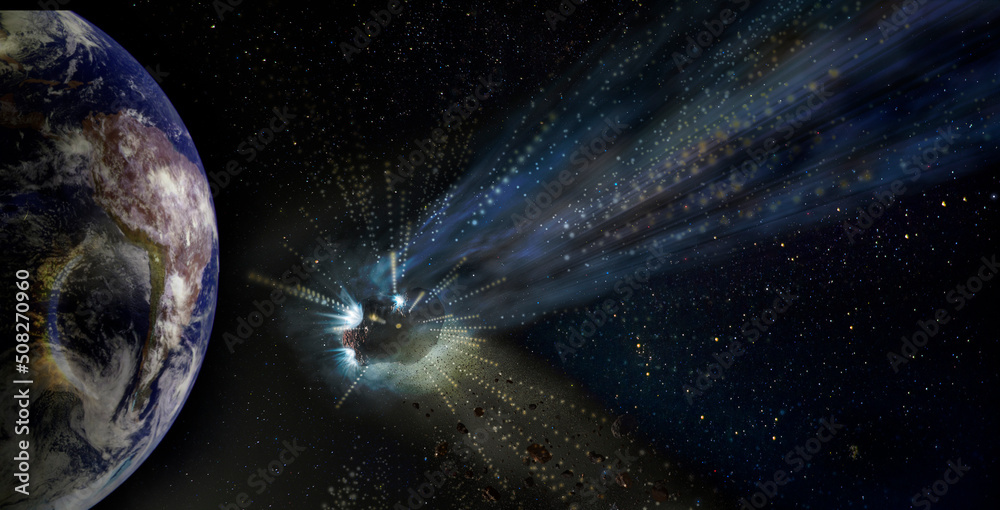 Sticker alien ufo in a meteorite crashes to earth. elements of this image furnished by nasa.