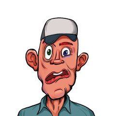 Caricature humor illustration of imaginary cartoon person with funny facial expression isolated on white background