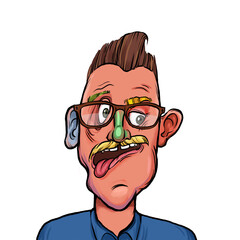 Caricature humor illustration of imaginary cartoon person with funny facial expression isolated on white background