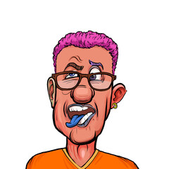 Caricature humor illustration of imaginary cartoon person with funny facial expression isolated on white background