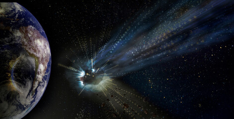 Alien UFO in a meteorite crashes to earth. Elements of this image furnished by NASA. © elen31