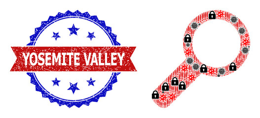 Fototapeta premium Vector virus mosaic search icon, and bicolor scratched Yosemite Valley stamp. Mosaic search icon designed with flu virus, security, exclamation icons.