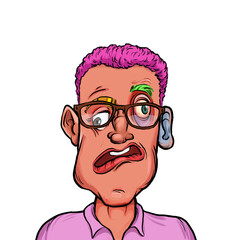 Caricature humor illustration of imaginary cartoon person with funny facial expression isolated on white background