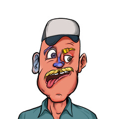 Caricature humor illustration of imaginary cartoon person with funny facial expression isolated on white background