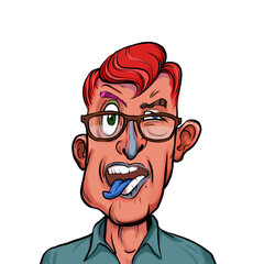 Caricature humor illustration of imaginary cartoon person with funny facial expression isolated on white background