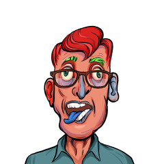 Caricature humor illustration of imaginary cartoon person with funny facial expression isolated on white background