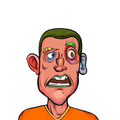 Caricature humor illustration of imaginary cartoon person with funny facial expression isolated on white background