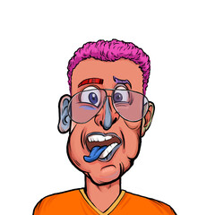 Caricature humor illustration of imaginary cartoon person with funny facial expression isolated on white background