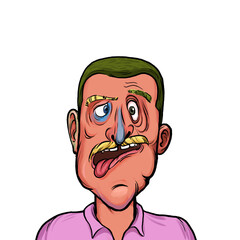 Caricature humor illustration of imaginary cartoon person with funny facial expression isolated on white background