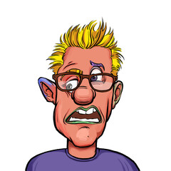 Caricature humor illustration of imaginary cartoon person with funny facial expression isolated on white background