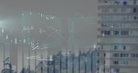 Animation of financial data processing and mathematical equations over cityscape - Powered by Adobe