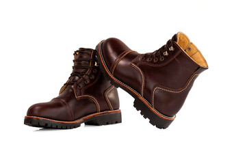 Men fashion brown boots leather isolated on white background. clipping path
